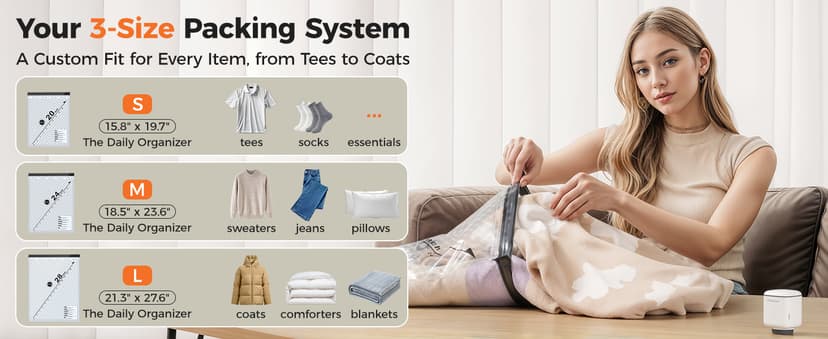 Nicetree 18-Pack Wireless Vacuum Storage Bags with Rechargeable Pump | 3 Sizes (20/24/28 Inch) Travel Vacuum Seal Bags for Clothing, Bedding & Seasonal Storage | Space Saver for Luggage