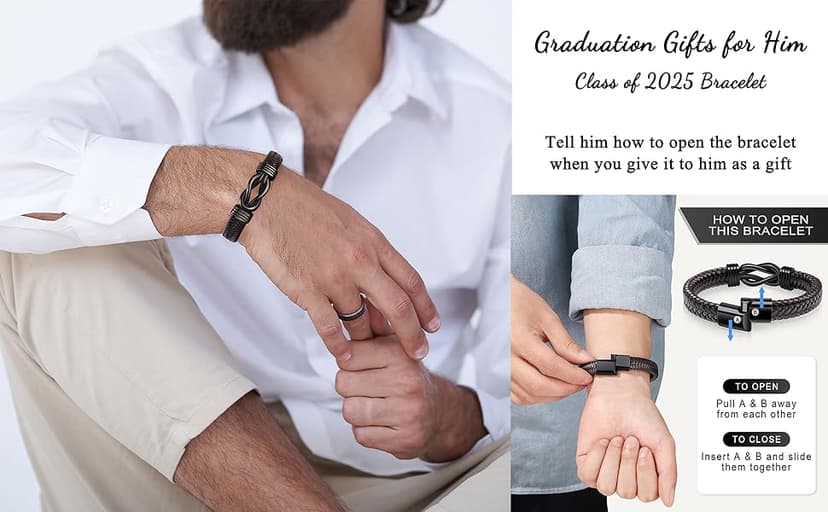 𝗚𝗿𝗮𝗱𝘂𝗮𝘁𝗶𝗼𝗻 𝗚𝗶𝗳𝘁𝘀 𝗳𝗼𝗿 𝗛𝗶𝗺 𝟮𝟬𝟮𝟱 High School, College Graduation Gifts for Men Class of 2025 Leather Stainless Steel Knot Bracelet for Son Boyfriend Brother Grandson Friends