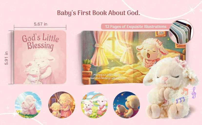 Baptism Gifts for Girl, Catholic Christening, Baby Dedication & Baptismal Gift Set for Baby Girls & Kids - with 9" Musical Praying Lamb Plush Toy & God's Little Blessing Book in Keepsake Box