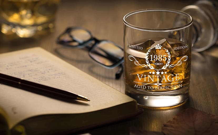 40th Birthday Gifts for Men Whiskey Glass Set - 40th Birthday Decorations, Party Supplies - 40 Year Anniversary, Bday Gifts Ideas for Him, Dad, Husband, Friends - Wood Box & Whiskey Stones & Coaster