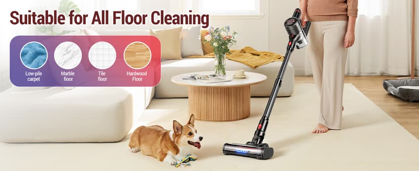 Cordless Vacuum Cleaner, 450W/40Kpa Stick Vacuum with Powerful Suction, 50Min Vacuum Cleaner for Home, Anti-tangle and 1L Dust Cup, 8 in 1 Lightweight Vacuum for Hardwood Floor Carpet Pet Hair