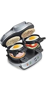 Hamilton Beach Dual Breakfast Sandwich Maker with Timer, Ready in 5 Minutes, Removable Dishwasher Safe PFAS-Free Non-Stick Egg Cooker Ring, Silver (25490MNA)