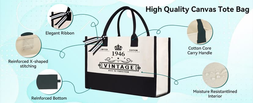 80th Birthday Gifts for Women Her- 4 pcs, Turning 80 Year Old Gifts, Decorations Canvas Beach Tote Bag & Makeup Bag, Unique Happy 80th Birthday gifts for Her Mom Wife Friends