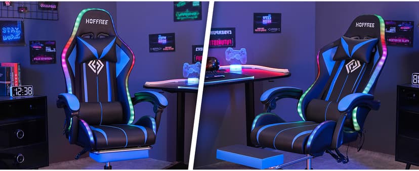 HOFFREE RGB Gaming Chair with Speakers Massage Computer Gaming Chair with LED Lights and Footrest High Back Video Game Chair for Adults Blue and Black