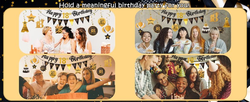 Black & Gold 18th Birthday Banner with 10PCS Swirls - Happy 18th Birthday Decorations for Boys & Girls