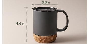 DOWAN Coffee Mugs, 15 oz Mug Set of 2, Large Ceramic Coffee Mug with Cork Bottom and Spill Proof Lid for Mom Dad, Big Mug for Latte Tea, Matte Grey