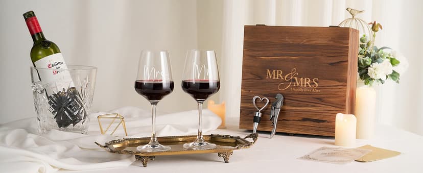AW BRIDAL Wedding Gifts Bridal Shower Gifts Engagement Gift for Couples Newlyweds Mr & Mrs Wedding Wine Glasses Set of 2 - Wine Opener Wine Stopper with Engraved Wooden Keepsake Box