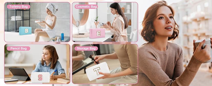 Small Personalized Initial A-Z Preppy Patch Makeup Bag,White PU Chenille Letter Travel Cosmetic Pouch with Zipper,Cute Toiletry Bag,Gift Ideal for Teen Girls Women Teacher Bridesmaid,Letter E