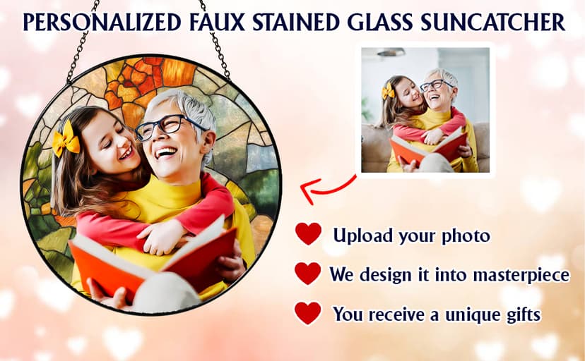LOVELYPOD Personalized Grandma Stained Glass Sun Catcher, Photo Family Portrait Faux Window Hanging Ornament, Custom Photo Gift, Grandma Gifts, for Mom, Christmas Ornament