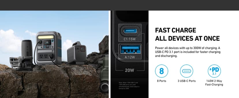 Anker Solar Generator SOLIX C300 with 60W Solar Panel, 288Wh Portable Power Station, 300W (600W Surge), LiFePO4 Battery, 140W Two-Way Fast Charging, for Outdoor Camping, Traveling, and Emergencies