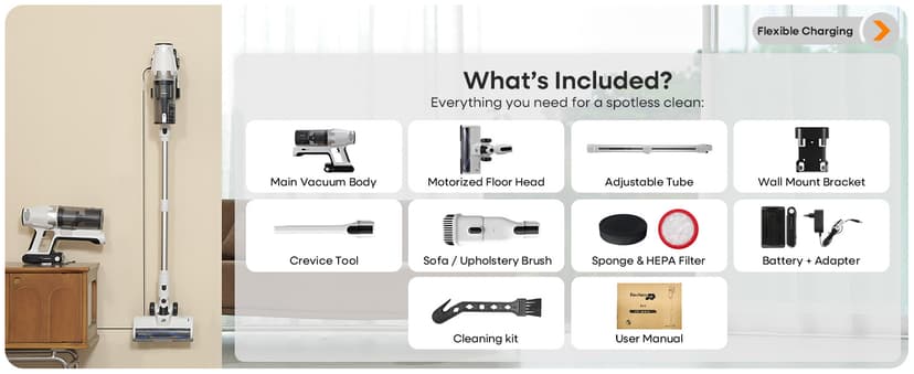 ElecKeys Cordless Vacuum Cleaner, 580W 48KPA 65Mins Vacuum Cleaners for Home, Self-Standing Anti-Tangle Vacuum with LED Display, Rechargeable, Lightweight, Cordless Vacuum for Floors/Pet Hair/Carpets