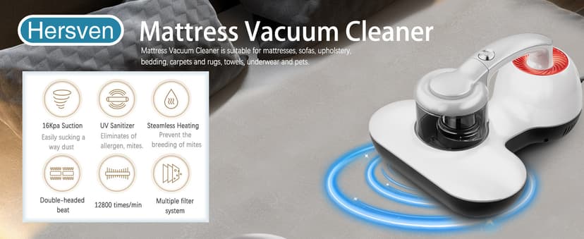 Mattress Vacuum Cleaner, Handheld UV Bed Vacuum Cleaner 16KPa & 12800 Vibrations Per/Min Upgraded Effectively Clean Up Bed, Pillows, Cloth Sofas, Carpets and Ther Fabric Surfaces