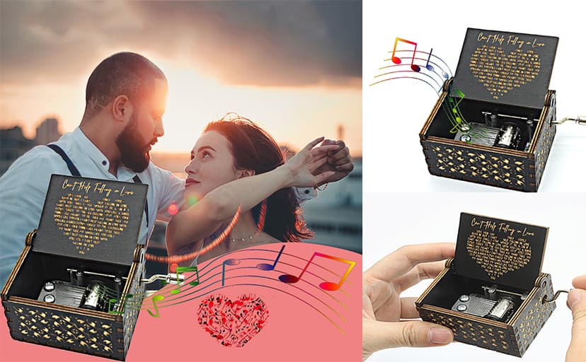 Can't Help Falling in Love Wood Music Box, Antique Engraved Musical Boxes Case for Love One Wooden Music Box - Gifts for Lover, Boyfriend, Girlfriend, Husband, Wife (Black)