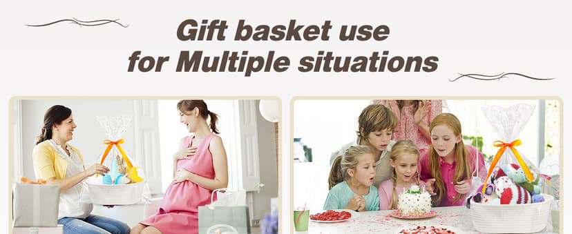 Pro Goleem Small Woven Basket with Gift Bags and Ribbons Durable Baskets for Halloween Gifts Empty Small Rope Basket for Storage 12"X 8" X 5" Baby Toy Baskets with Handles, White