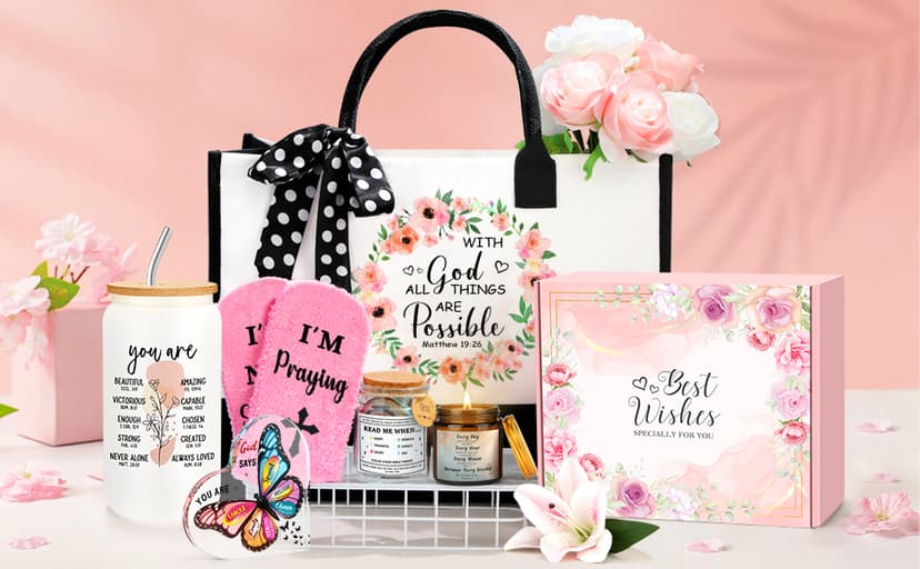 Christian Gifts for Women Faith Based Gift Inspirational Gifts for Women Birthday Unique Catholic Gift Bible Accessories Inclue Bible Verse Jar Butterfly Decorations Socks Glass Can Candles Tote Bag
