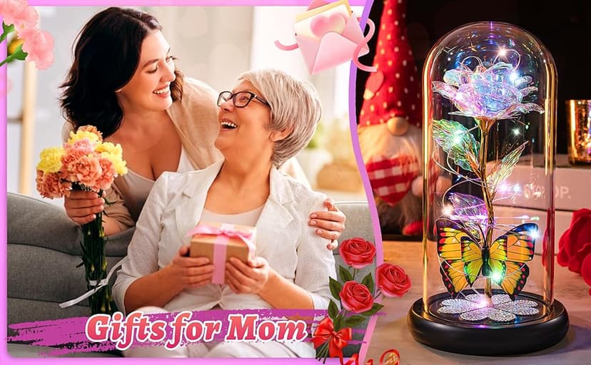 Birthday Gifts for Women Mom, Galaxy Glass Rose Forever Eternal Crystal Flower Light Up Rose in Glass Dome with Butterfly Mothers Day Christmas Rose Gifts for Her Wife Daughter Friends Colorful