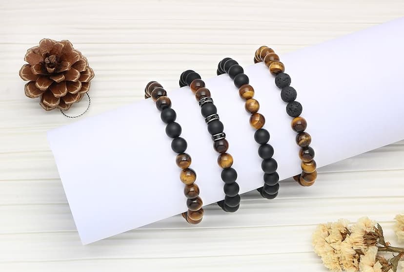 JoycuFF Gifts for Men Natural Tiger Eye Black Matte Agate Bracelets, Christmas Birthday Gifts for Boyfriend Husband Brother from Girlfriend Wife, To My Man Bead Bracelets