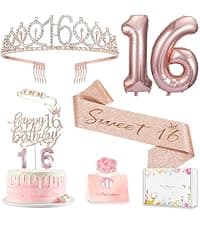 Sweet 16 Birthday Party Decorations for Girls, Sweet 16 Sash and Tiara, Cake Toppers, Number Candles and Balloons, 16th Birthday Gifts for Girls