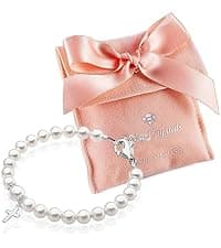 Baby Crystals Pearl Bracelets for Girls, Sterling Silver Cross Charm, Baptism Gifts for Girl, Baby Bracelet with Simulated White Pearls and Crystals, Girls Jewelry Birthday Gift