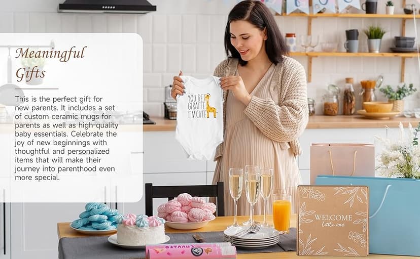 New Mom Gifts for Women, 9pcs Pregnancy Gifts for Expecting Mom, Cute Baby Gifts New Parents Gifts for Couples w/Mom and Dad Mugs for Gender Reveal Baby Shower First Time Mom to be Gifts(Khaki)