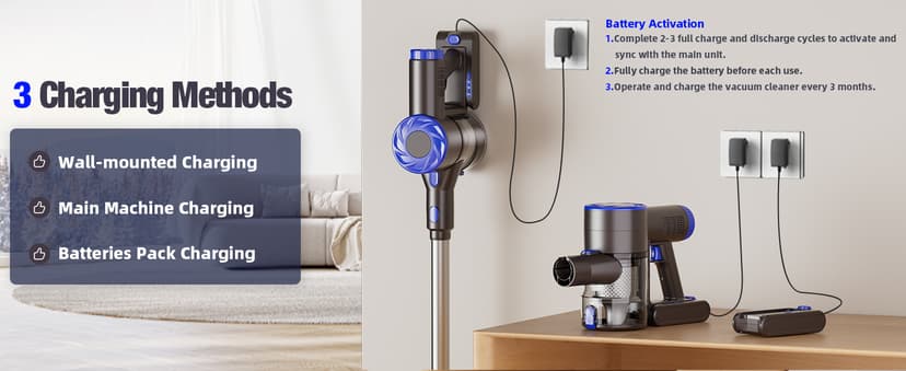 Cordless Vacuum Cleaner, Upgraded 40Kpa Stick Vacuum Cleaners for Home, 8 in 1 Lightweight with Self-Standing, 1.5L Dust Cup & Anti-tangle, Rechargeable Vacuum for Hard Floors Carpets Pet Hair