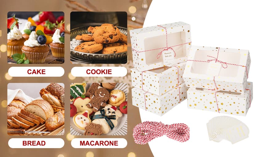 Zzrywuty 24 PCS Christmas Cookie Boxes for Gift Giving Golden Star White Bakery Boxes with Window,Christmas Treat Boxes for Pastry Dessert Cupcakes Mini Cake Pie Candy Donut,Baking Goods Packing Box
