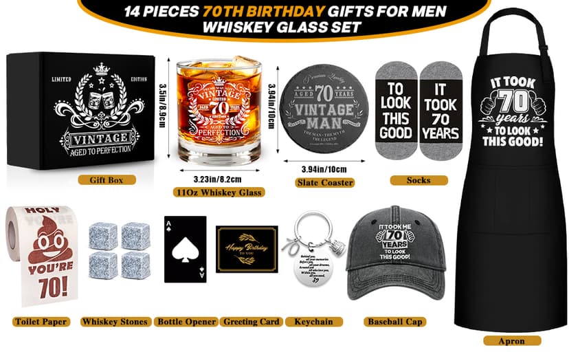 70th Birthday Gifts for Men Whiskey Glass Set, 70th Birthday Party Supplies with 11 Oz Whiskey Glass Coaster Stone Baseball Cap Apron Sock Funny Toilet Paper Keychain for Him, Dad, Husband, Friends