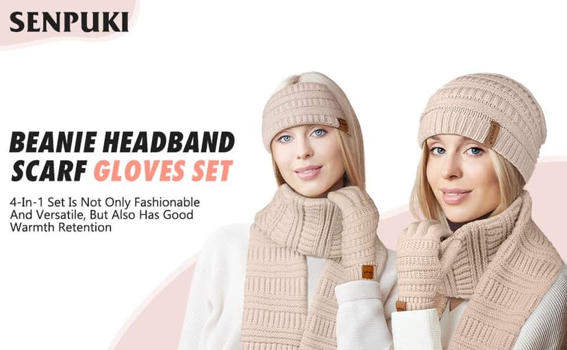 Womens Winter Beanie Hat Scarf Gloves Headband Set, Slouchy Beanie Ear Warmer Knit Scarf Touchscreen Gloves Warm 4 Gift Set