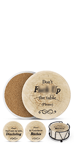 Coasters for Drinks Absorbents with Holder - 6 Pcs Gift Set with 6 Funny Sayings for Wine Lovers - Ceramic Stone with Corked Back, Unique Present for Housewarming, Living Room Decor