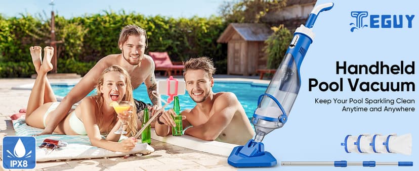 Cordless Pool Vacuum with Telescopic Pole, 18.5 GPM Powerful Suction, 1.5H Supercharge Technology, Handheld Rechargeable Pool Vacuum Cleaner for Above Ground/Inground Pools, Hot Tubs, Spas