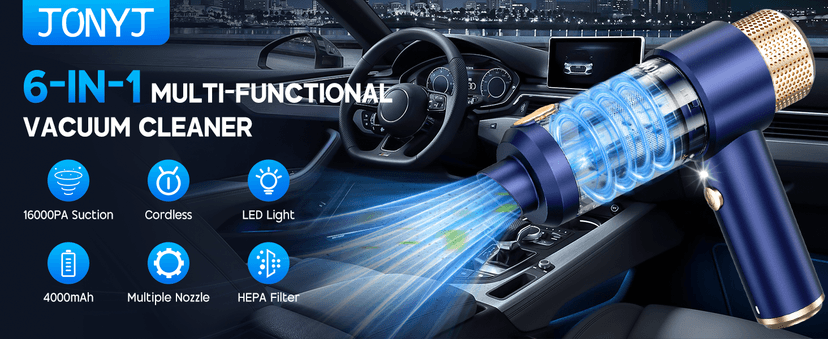 JONYJ Handheld Car Vacuum Cleaner, 16000PA Hand Held Vacuum Portable Cordless, 2 in 1 Air Duster and Vacuum Cleaner with LED Light, Multi-Nozzles, 120W High Power Mini Vacuum for Home, Pet, Office