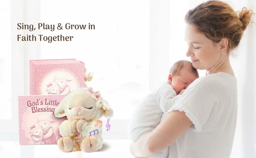 Baptism Gifts for Girl, Catholic Christening, Baby Dedication & Baptismal Gift Set for Baby Girls & Kids - with 9" Musical Praying Lamb Plush Toy & God's Little Blessing Book in Keepsake Box