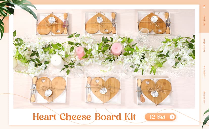 Patelai 12 Set Bridal Shower Favor Heart Cheese Board Cheese Knives Wood Mini Charcuterie Board Thank You Gift Box for Guest Bridal Baby Shower Prize Wedding Birthday Valentines (Acacia Color)