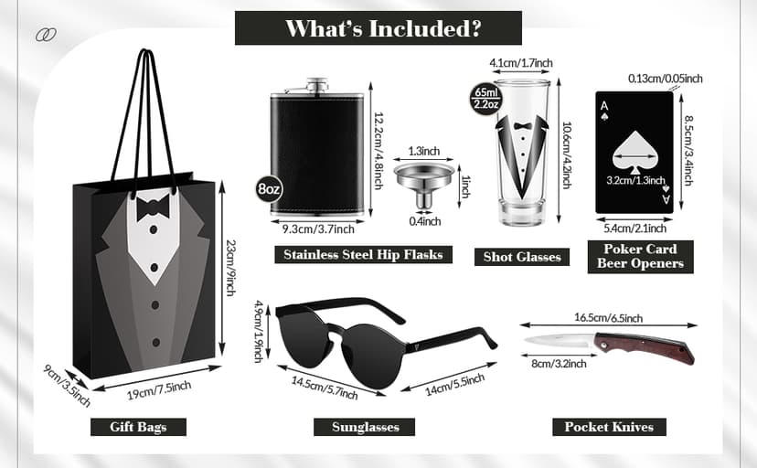 Tioncy 48 Pcs Groomsmen Proposal Gift 8 Engraved Pocket Knife 8 Groomsmen Gift Bags 8 Shot Glasses with Tuxedos 8 Stainless Steel Hip Flask 8 Poker Card Bottle Opener 8 Sunglasses