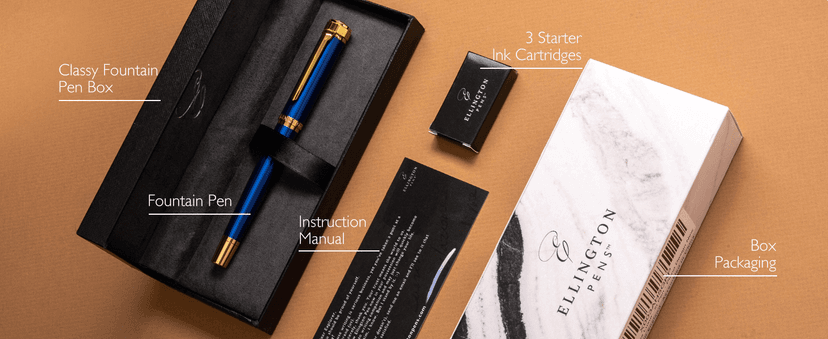 Ellington Pens Luxury Fountain Pen Set - Fountain Pen For Writing - Smooth Medium Nib - Includes Refillable Ink Converter, 3 Ink Cartridges, Gift Box - Calligraphy, Journaling, Sketching (The Stealth)