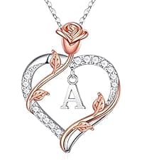 Iefil Rose Heart Necklaces Gifts for Women - 925 Sterling Silver Heart Initial Necklace, Anniversary Birthday Gifts for Women, Jewelry Gift for Wife Wife Girlfriend Mom