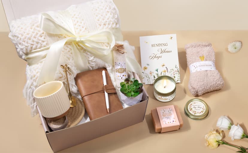 Birthday Gifts for Women, Get Well Soon Self Care Package Box, Sending Hug Baskets Thinking of You Inspirational Gift for New Mom Best Friend Birthday (Ivory)