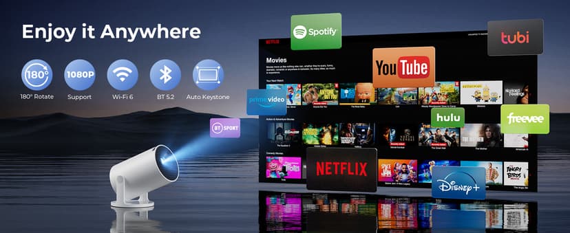 CLOKOWE Mini Projector with WiFi and Bluetooth - Built-in Apps, Smart Portable Projector with 180° Rotation, Auto Keystone, Support 1080P, Compatible with HDMI/USB/TV Stick/Smartphone/Laptop