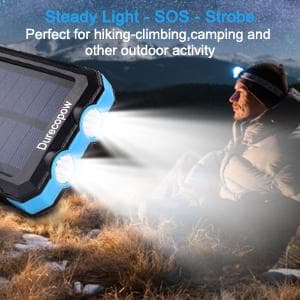 Solar Charger Power Bank, 20000mAh Portable Outdoor Waterproof Solar Battery Charger, Camping External Backup Battery Pack USB C Ports Input/Output, 2 Led Light Flashlight with Compass (Blue)