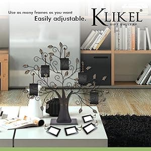 Klikel Family Tree Picture Frame Display with 10 Hanging Picture Photo Frames | Large 20 x 18 Metal Tree | 10 Ornamental 2x3 Frames