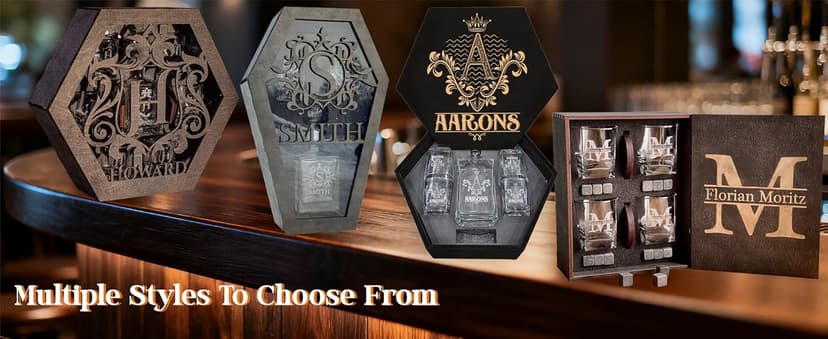 Personalized Whiskey Decanter Set for Men Home Bar Custom Liquor Decanters Wooden Box Whiskey Glasses Set Gifts for Husband Dad Men Cave Christmas Birthday Anniversary Valentine‘s Day