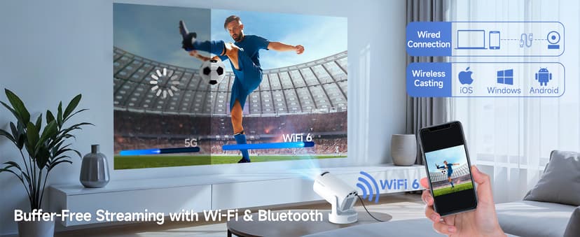 Mini Projector 4K support with WiFi 6 and Bluetooth 5.4, 5w Soundbase Speaker, Auto Vertical Keystone 180°Rotatable Portable Proyector for Home Bedroom Outdoor HY300Pro+