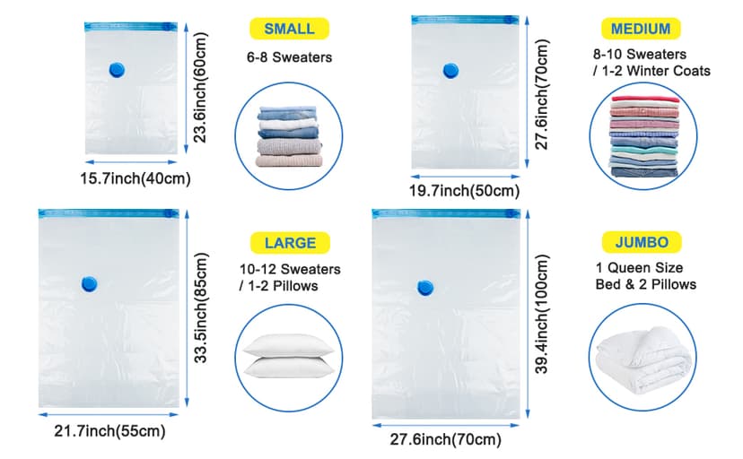 16 Pack Vacuum Storage Bags with Hand Pump, 4 Jumbo + 4 Large + 4 Medium + 4 Small Plastic Packaging Bags, 80% Space Saver Vacuum Seal Bags for Clothing, Travel Lugggage, Blankets, Comforters
