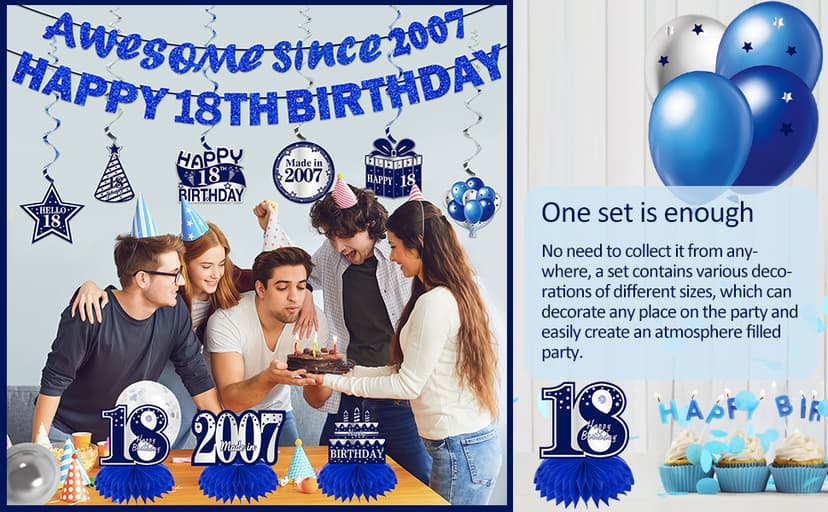 11Pcs 18th Birthday Decorations Kit for Boys Men, Blue Sliver Happy 18th Birthday Banner, Awesome Since 2007 Centerpieces Swirls Party Supplies, Eighteen Bday Banner Ceiling Table Topper Sign