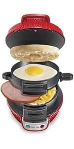 Hamilton Beach Dual Breakfast Sandwich Maker with Timer, Ready in 5 Minutes, Removable Dishwasher Safe PFAS-Free Non-Stick Egg Cooker Ring, Silver (25490MNA)