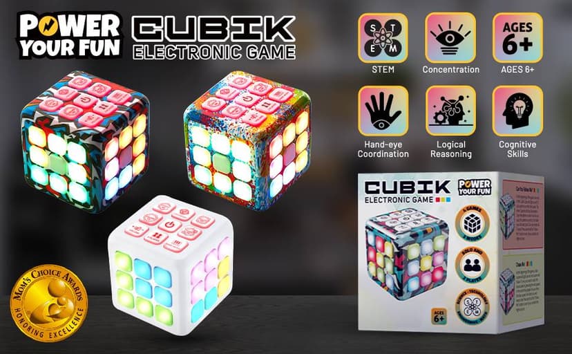 Power Your Fun Cubik LED Flashing Cube Memory Game - Electronic Handheld Game, 5 Brain Memory Games for Kids STEM Sensory Toys Brain Play Puzzle Fidget Light Up Cube Stress Relief Fidget Toy (Tie Dye)