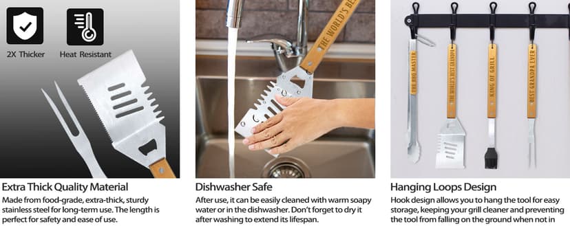 Grandpa Gifts from Grandkids, Fathers Day Grandpa Gift Heavy Duty Wooden BBQ Grilling Accessories Kit for Backyard, Thick Stainless Steel Grill Utensils with Non-Slip Handle Tools in Portable Bag