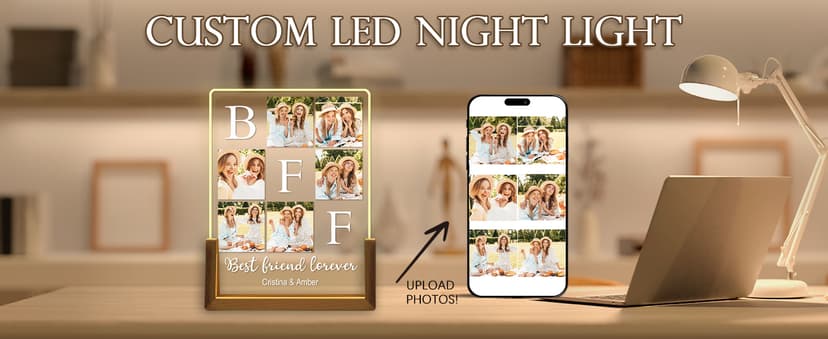 Personalized Best Friend Birthday Gifts for Women, Custom Acrylic Plaque Printed Walnut Picture Frame With LED Night Light, Personalized Christmas Gifts for Friendship, Friend, Women, Besties, BFF