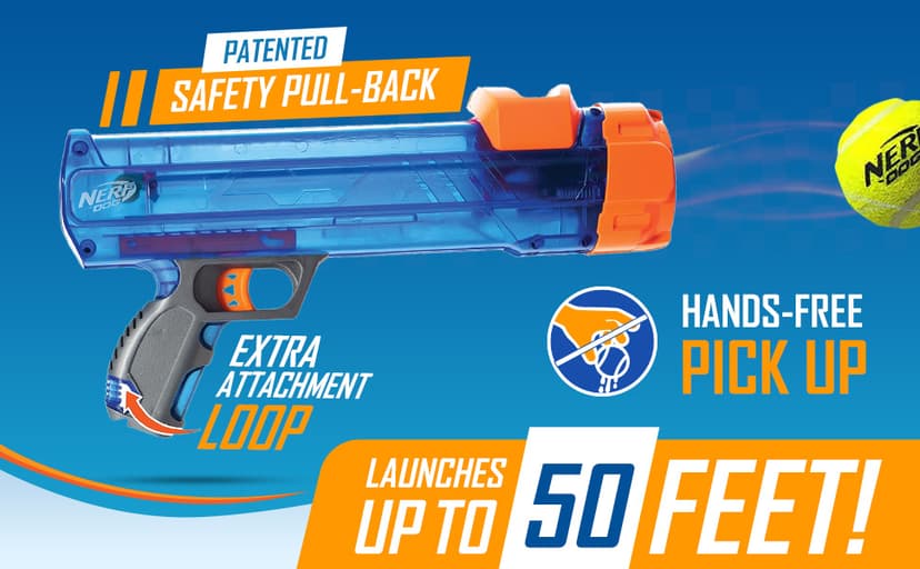 Nerf Dog Tennis Ball Blaster Dog Toy Gift Set, Tennis Ball Dog Fetch Toy Launches up to 50 ft, Dog Ball Thrower for All Breeds Includes Translucent Blue Tennis Ball Launcher and 3 Dog Tennis Balls