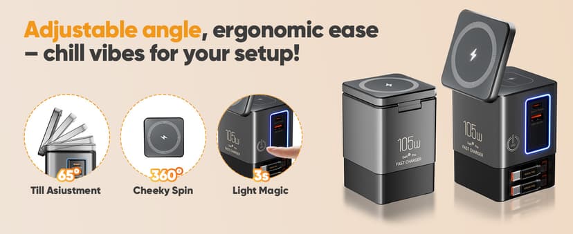 6-in-1 Charging Station,105W GaN Retractable Charger with Magnetic Pad – MagSafe Compatible, USB-C Fast Charging for iPhone, AirPods, MacBook, Apple Watch, and Other Phones, Tablets, Laptops